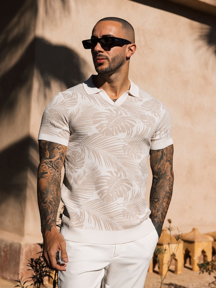 MAUVAIS Natural Palmas Jacquard Leaf Knit Polo - Image 1 of 6 MAUVAIS Natural Palmas Jacquard Leaf Knit Polo - Image 1 of 6