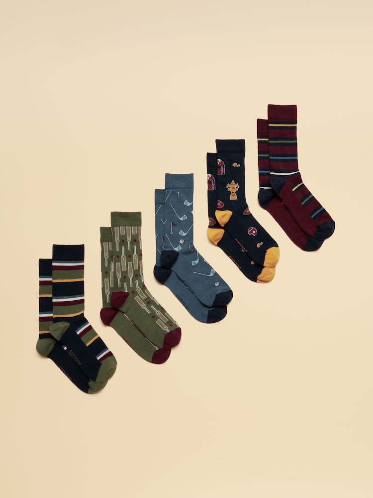 Joules Kingsbury Multi Green Sports 5 Pack Socks - Image 1 of 3 Joules Kingsbury Multi Green Sports 5 Pack Socks - Image 1 of 3