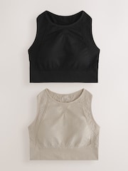 黑色/石色 - 无缝高领中等强度运动胸罩 2 件装 - 11的图像7｝