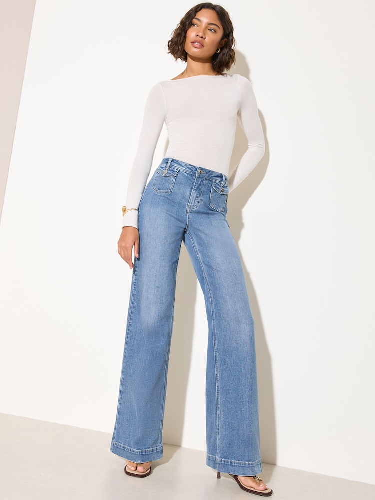 Friends Like These Mid Blue Denim Pocket Tailored Wide Leg Jeans - Image 2 of 5