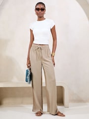 Lipsy Neutral Petite Wide Leg Touch of Linen Trousers - Image 3 of 4