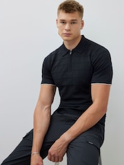 River Island Black Muscle Fit Grid Textured Knit Polo Shirt - Image 1 of 4