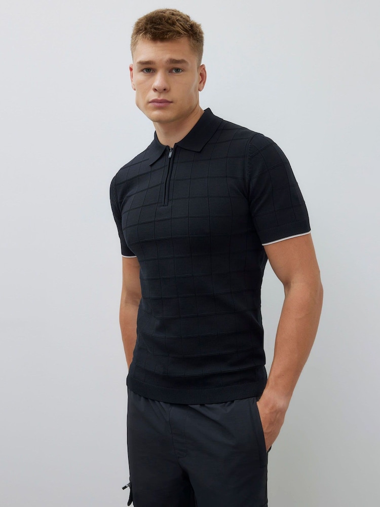 River Island Black Muscle Fit Grid Textured Knit Polo Shirt - Image 2 of 4