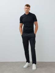 River Island Black Muscle Fit Grid Textured Knit Polo Shirt - Image 3 of 4