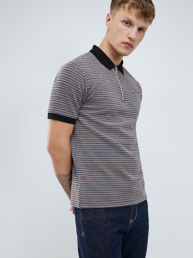 River Island Black Slim Fit Jersey Zip Short Sleeve Polo Shirt - Image 1 of 4