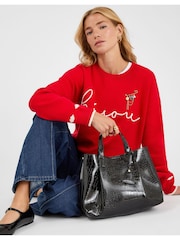 Accessorize Black Faux Croc Skin Patent Tote Bag - Image 1 of 6