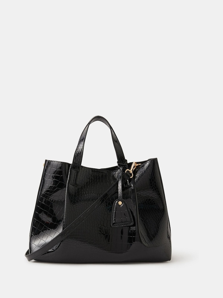Accessorize Black Faux Croc Skin Patent Tote Bag - Image 2 of 6 Accessorize Black Faux Croc Skin Patent Tote Bag - Image 2 of 6