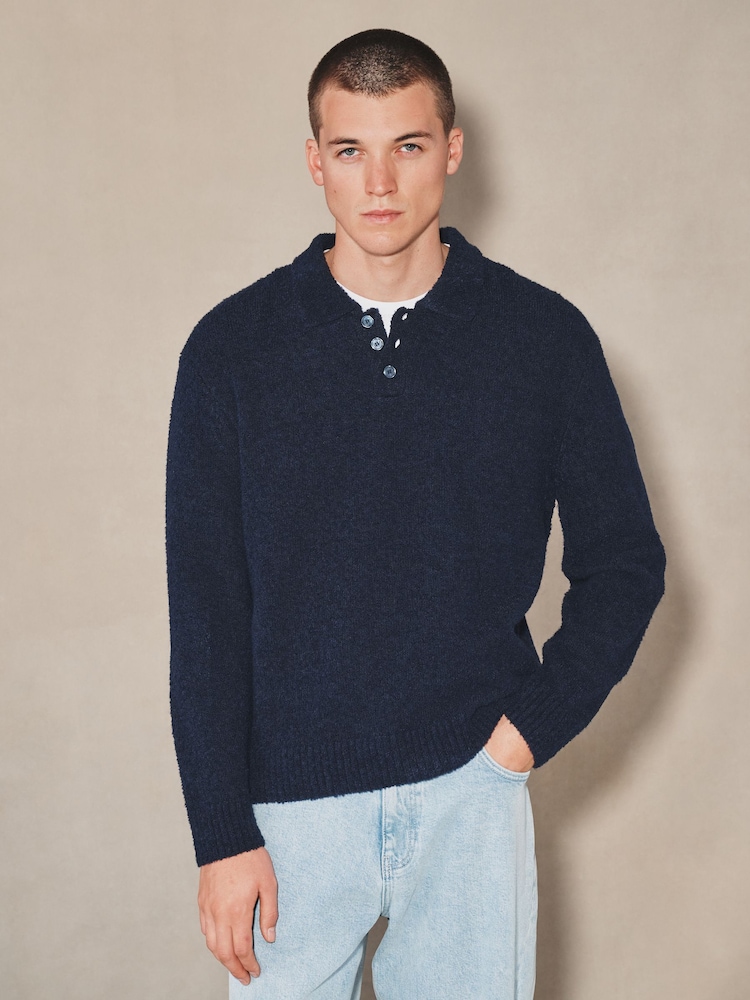 Navy EDIT Long Sleeve Knit Polo Shirt - Image 2 of 9
