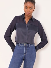 Lipsy Navy Blue Long Sleeve Satin Chiffon Mix Shirt - Image 3 of 4