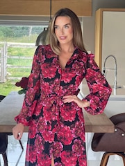 Girl In Mind Black Kaya Bold Floral Print Chiffon Shirt Dress - Image 5 of 6