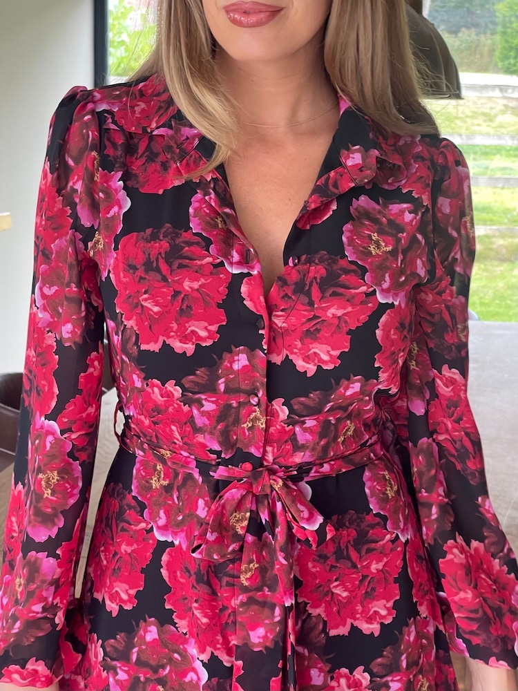 Girl In Mind Black Kaya Bold Floral Print Chiffon Shirt Dress - Image 6 of 6