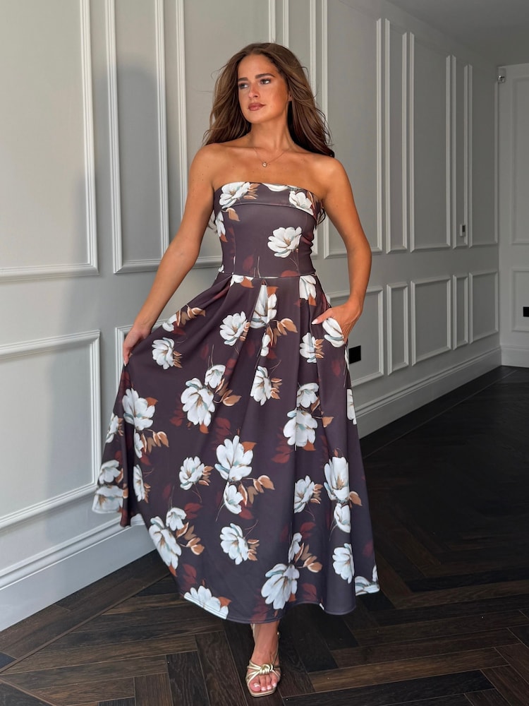 Girl In Mind Brown Danni Strapless Bandeau Midi Dress - Image 1 of 5 Girl In Mind Brown Danni Strapless Bandeau Midi Dress - Image 1 of 5