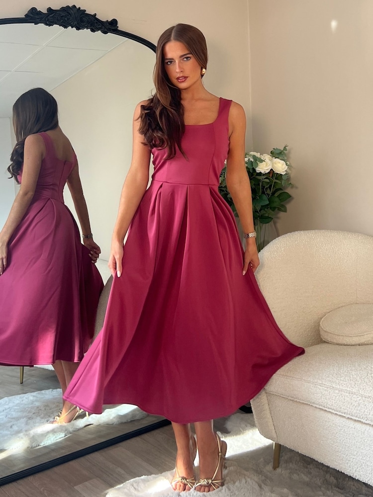 Girl In Mind Brown Erica Square Neck Pleated Midi Dress - Image 2 of 6