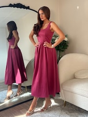 Girl In Mind Brown Erica Square Neck Pleated Midi Dress - Image 3 of 6