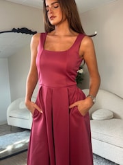 Girl In Mind Brown Erica Square Neck Pleated Midi Dress - Image 5 of 6