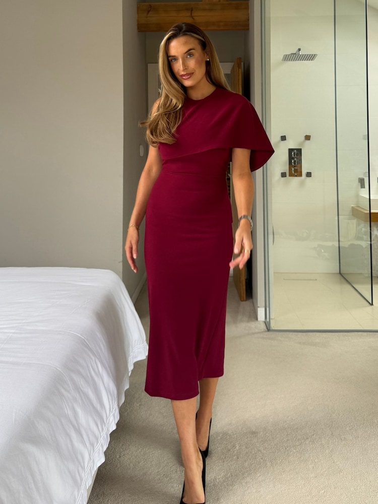 Girl In Mind Red Trinity Cape Detail Bodycon Midi Dress - Image 2 of 5