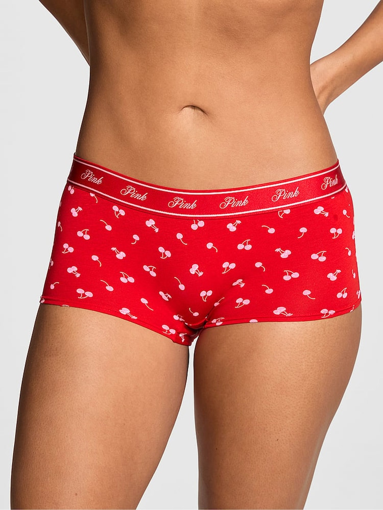 Victoria's Secret PINK Bright Vermillion Red Cherry Print Boyshort Cotton Logo Knickers - Image 1 of 2