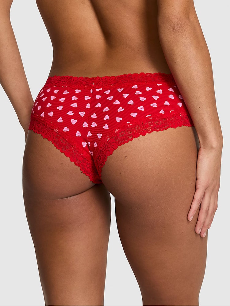 Victoria's Secret PINK Bright Vermillion Red Hearts Cheeky Lace Trim Rib Knickers - Image 2 of 2
