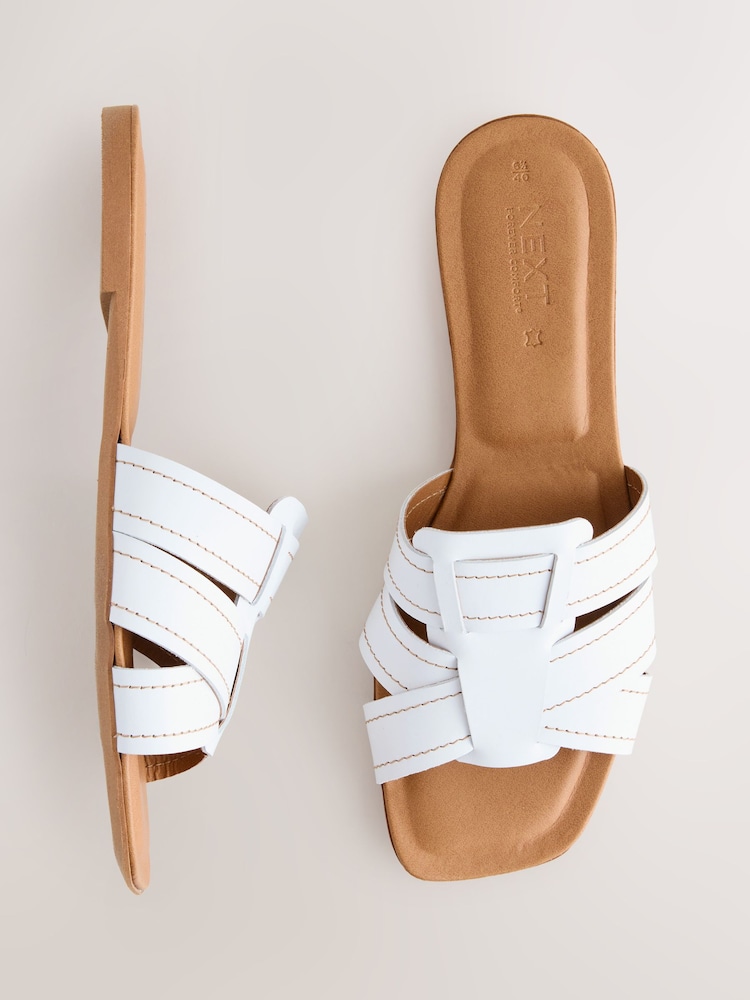White Leather Standard/Wide Fit Forever Comfort® Stitched Mule Sandals - Image 1 of 8
