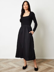 Threadbare Black 2-In-1 Jersey Poplin Mix Square Neck Long Sleeve Dress - Image 3 of 4