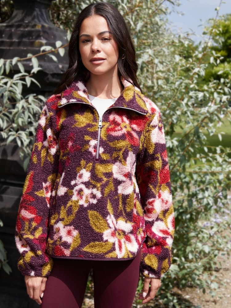 Threadbare Red Floral Print Quarter Zip Fleece - Image 1 of 5