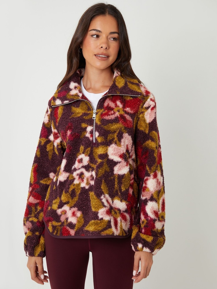 Threadbare Red Floral Print Quarter Zip Fleece - Image 2 of 5