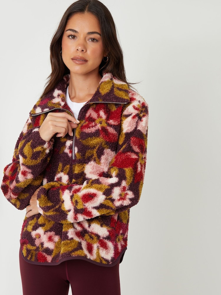 Threadbare Red Floral Print Quarter Zip Fleece - Image 5 of 5