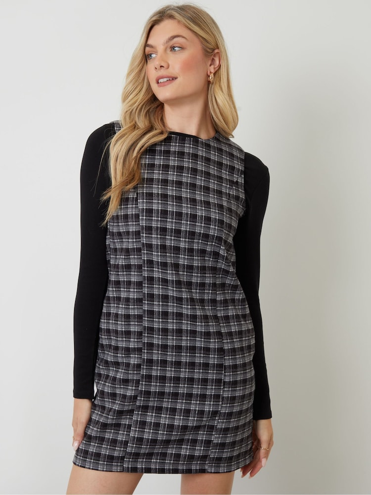 Threadbare Black Mini Check A-Line Pinafore Dress - Image 1 of 5 Threadbare Black Mini Check A-Line Pinafore Dress - Image 1 of 5