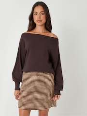 Threadbare Brown Mini Houndstooth Check A-Line Skirt - Image 1 of 5