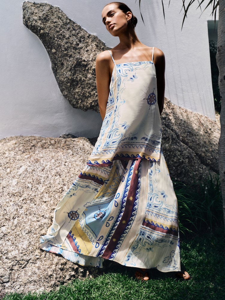 Cream/Blue Print - تنورة ماكسي ستان مطوية - Image 1 of 10