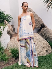 Cream/Blue Print - تنورة ماكسي ستان مطوية - Image 4 of 10