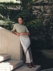 Cream/Black Spot Satin Maxi Skirt With Lace - Image 1 of 8