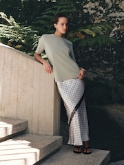 Cream/Black Spot Satin Maxi Skirt With Lace - Image 2 of 8