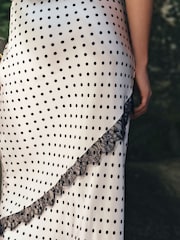 Cream/Black Spot Satin Maxi Skirt With Lace - Image 3 of 8