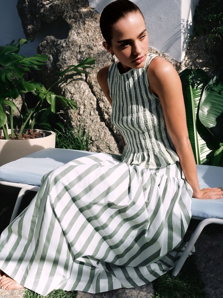 Sage Green Stripe Shirred Maxi Skirt - Image 1 of 7