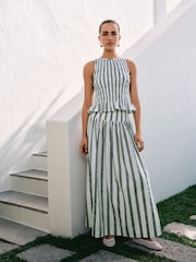 Sage Green Stripe Shirred Maxi Skirt - Image 2 of 7