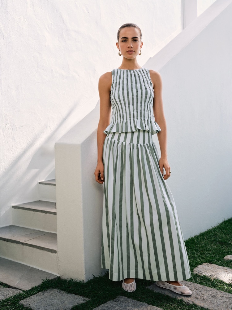 Sage Green Stripe Shirred Maxi Skirt - Image 2 of 7