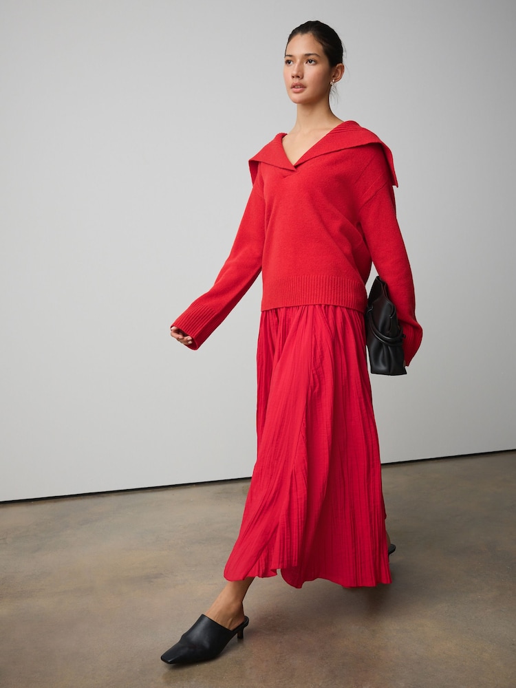 Red Textured Godet Midi Skirt - Image 1 of 7