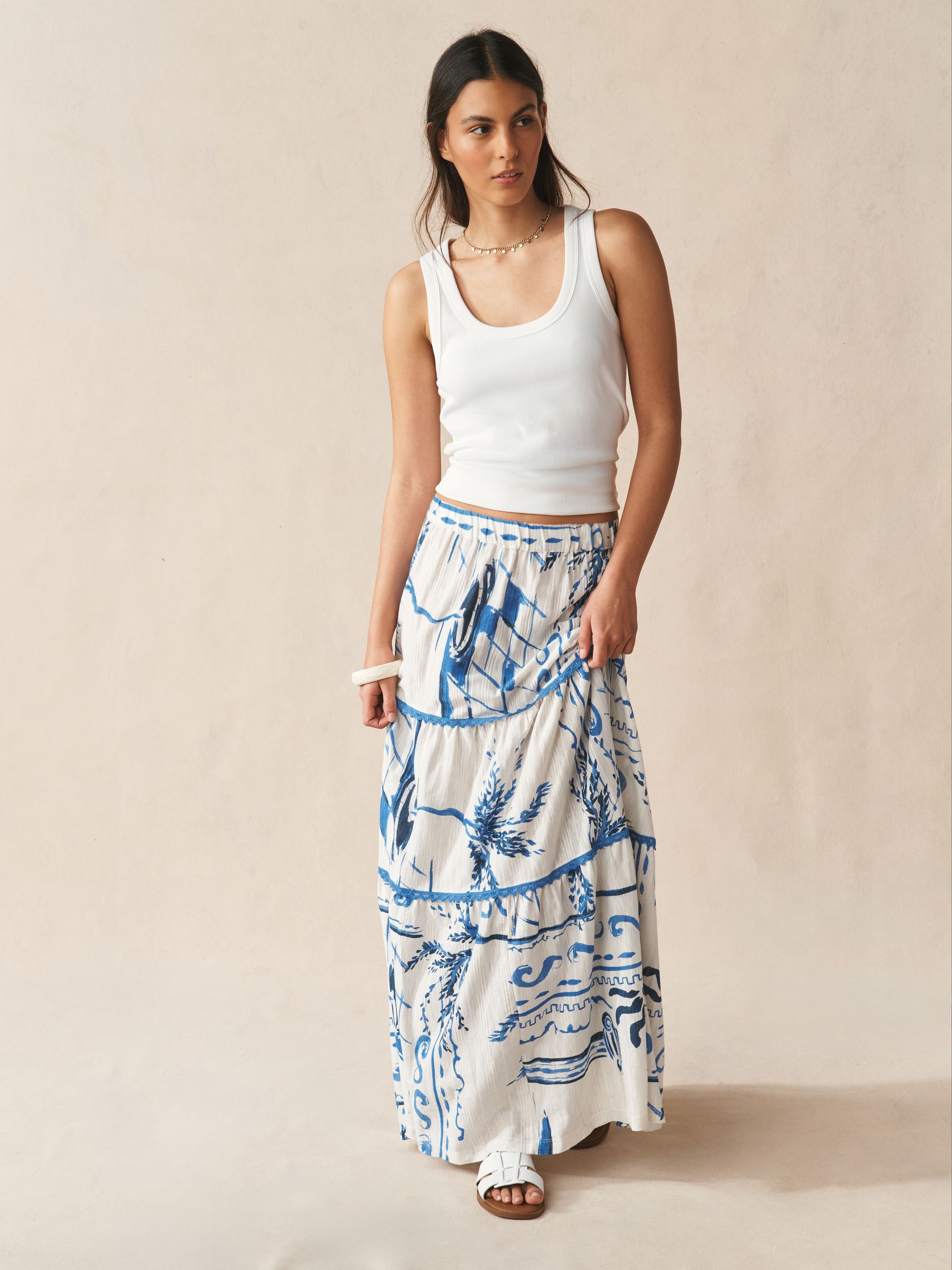 スカート Cotton Broadcloth Skirt Buy White/Blue Greek Print - Cotton Tiered Maxi Skirt from Next Japan