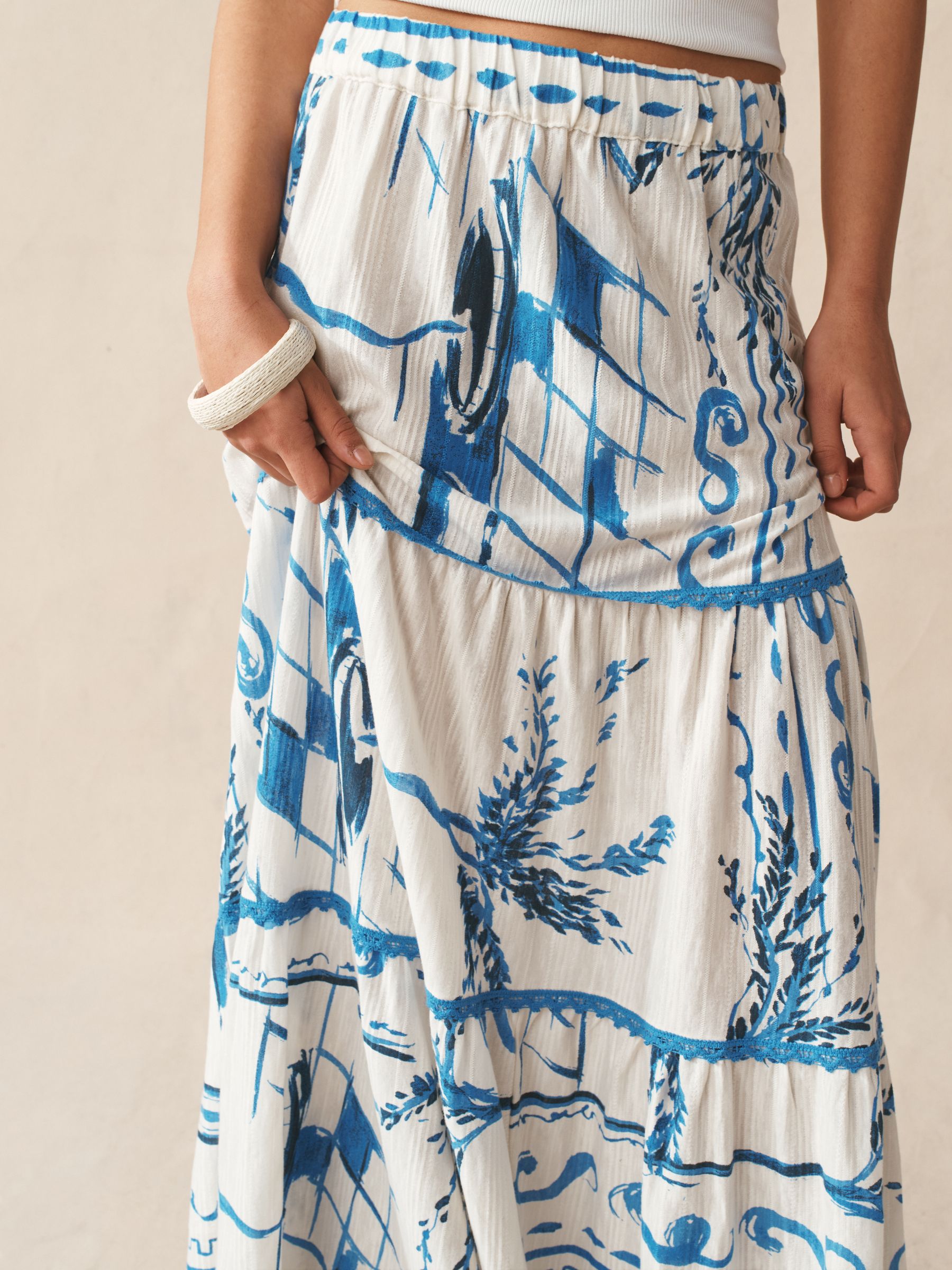 Buy White/Blue Greek Print - Cotton Tiered Maxi Skirt from Next Japan