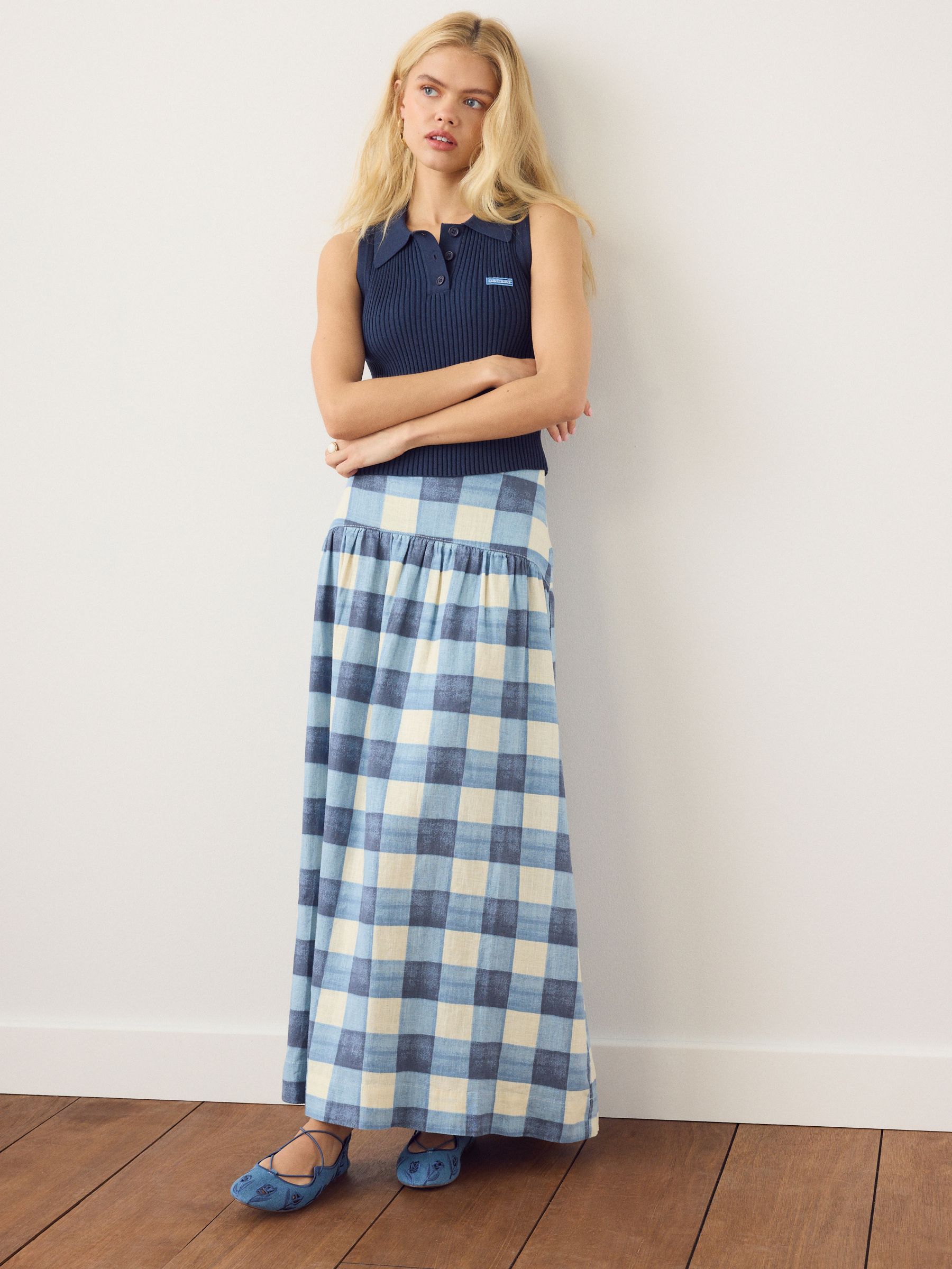 Buy Blue/Ecru Gingham Drop Waist Linen Blend Maxi Skirt from Next USA