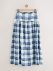 Blue/Ecru Gingham Dropwaist Linen Blend Maxi Skirt - Image 1 of 4