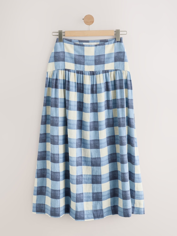 Blue/Ecru Gingham Dropwaist Linen Blend Maxi Skirt - Image 1 of 4