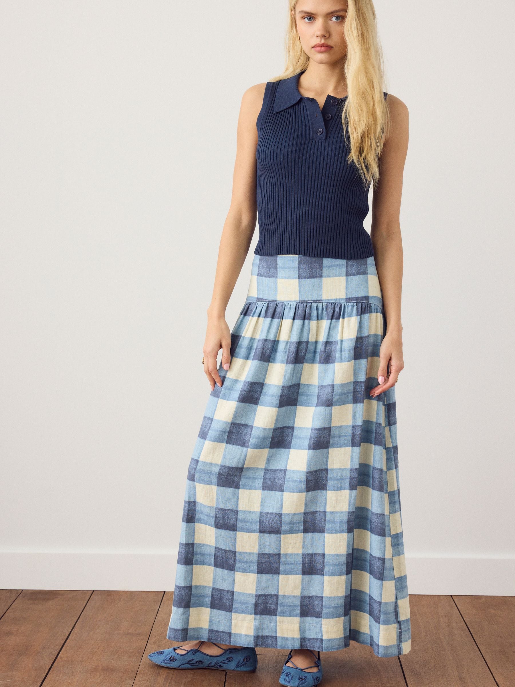 Buy Blue/Ecru Gingham Drop Waist Linen Blend Maxi Skirt from Next