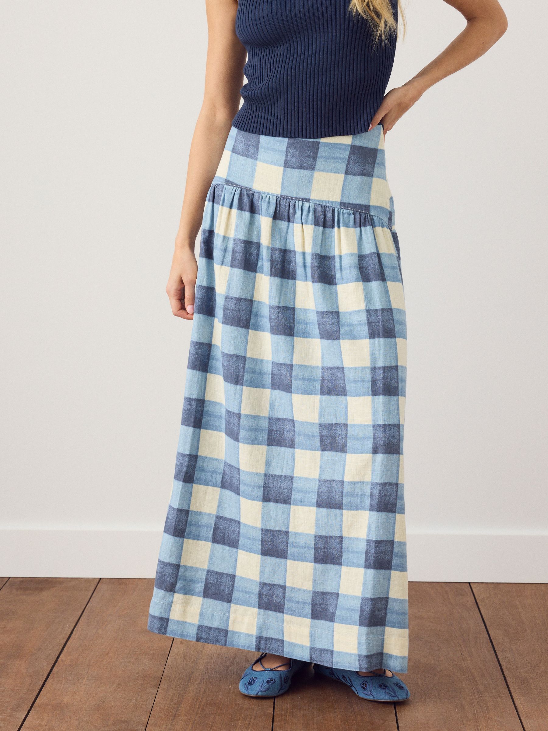 Buy Blue/Ecru Gingham Drop Waist Linen Blend Maxi Skirt from Next USA