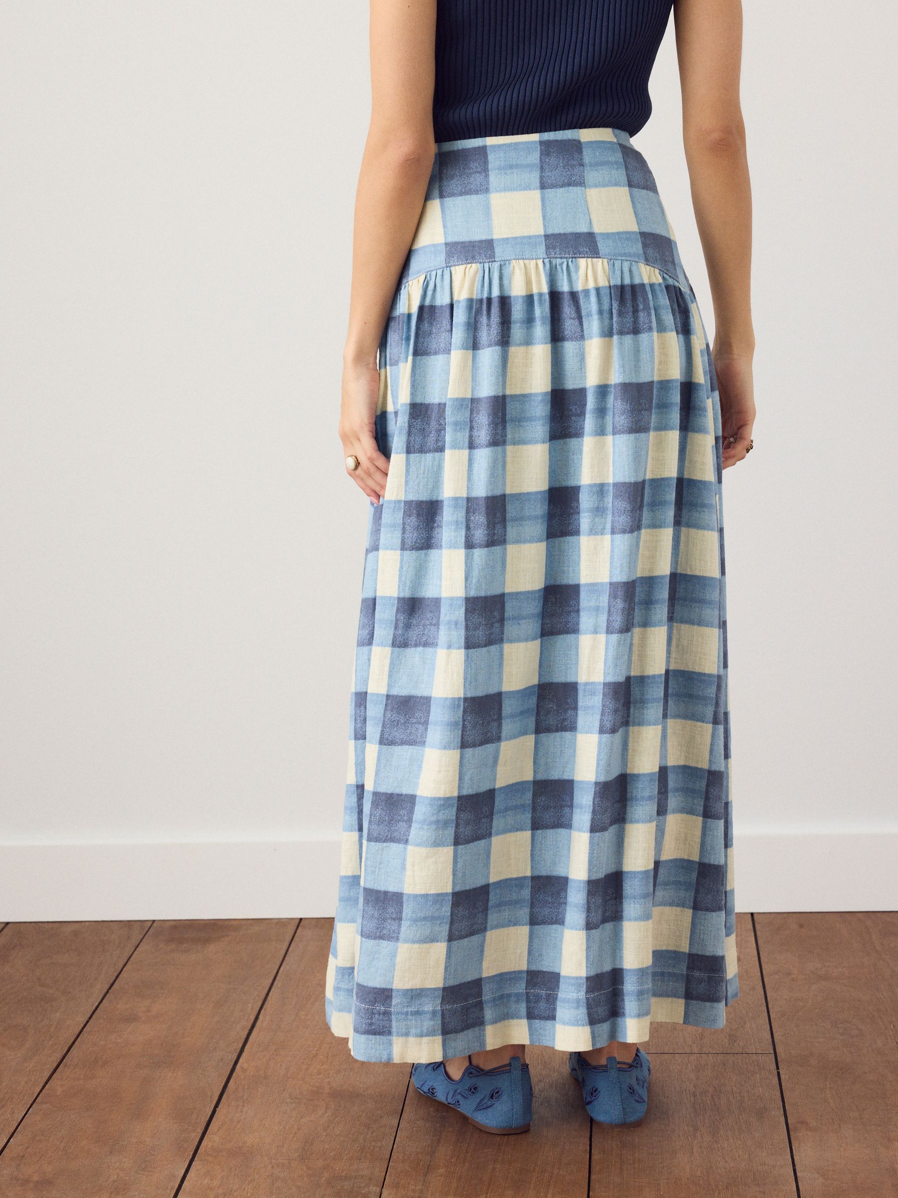 Buy Blue/Ecru Gingham Drop Waist Linen Blend Maxi Skirt from Next