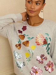 Love & Roses Grey Floral Sequin Embroidered Sweatshirt - Image 2 of 4