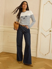 Love & Roses Navy Stripe Embroidered Bow Frill Neck Long Sleeve Jersey Top - Image 3 of 4