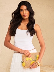 Love & Roses Natural Lemon Embroidered Raffia Clutch Bag - Image 2 of 7