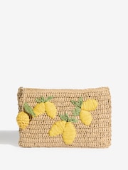 Love & Roses Natural Lemon Embroidered Raffia Clutch Bag - Image 3 of 7